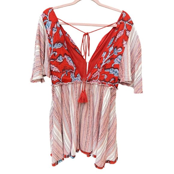 Free People Under The Sun Womens RedWhite Boho StripedFloral Tunic  Mini Dress M - Picture 4 of 8